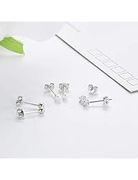 Pendientes de tuerca de plata de ley para mujeres y niñas, 3 pares de pendientes de bola pequeña de 0.118 in, pendientes redondos de circonita cúbica, pendientes de perla, juego de cartílago, pendientes pequeños de tragus