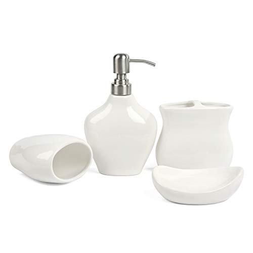 FORLONG Ceramic Bathroom Accessories Set of 4,1 Gargle Cups1 Toothbrush Holders 1 Soap Dishes 1 Soap Dispenser White