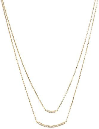 14 Karat Gold Plated Double Strand Curved CZ Bar Necklace 16" + 2" extension