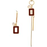 Asymmetric Geometric Drop Earrings for Women, Gold Red Rectangle Dangle with Crystal Accents, Modern Long Short Statement Jewelry