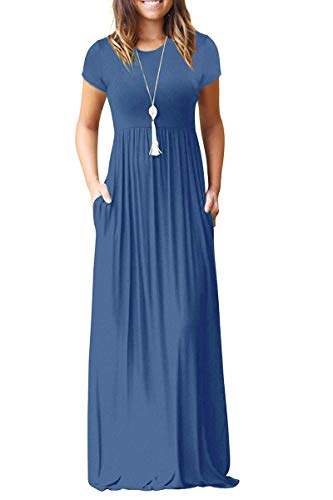 AUSELILY Women Short Sleeve Loose Plain Casual Long Maxi Dresses with Pockets (2XL, Beja Blue)