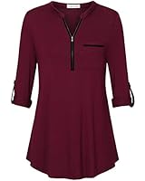 Liamluna Women's Zip V Neck Long Sleeve Casual Blouse Tunic Shirt Wine M