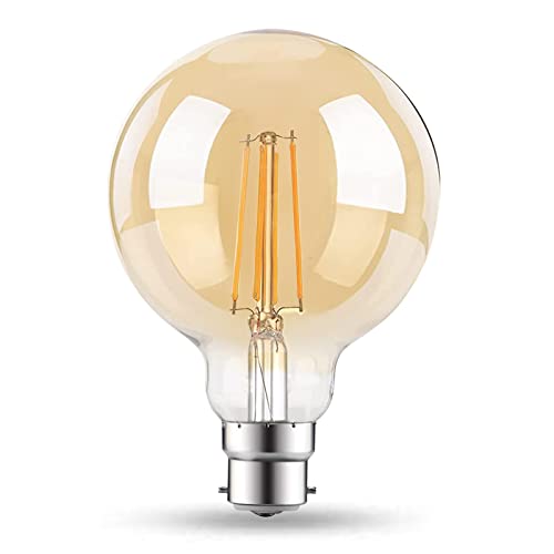 EXTRASTAR Vintage Bayonet LED Light Bulb, B22 Bayonet Cap 6W(48W Equivalent) G125 Large Globe LED Filament Bulbs, 600LM, 2200K Warm White, Old Fashioned Bulbs, Amber Glass, Non-dimmable