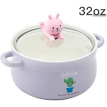 Cute Purple Rabbit 32oz Big Ceramic Bowl with Lid and Handle for Soup/Rice/Salad/Instant/Noodle/Vegetables Fruit(1000m Purple Smile Rabbit)