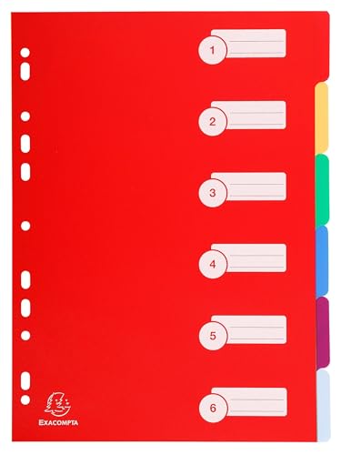 Exacompta - Réf. 4906E - Carton de 25 Intercalaires polypropylène rigide opaques avec 6 onglets neutres - Premier index imprimé - Format à classer A4 - Couleurs vives assorties