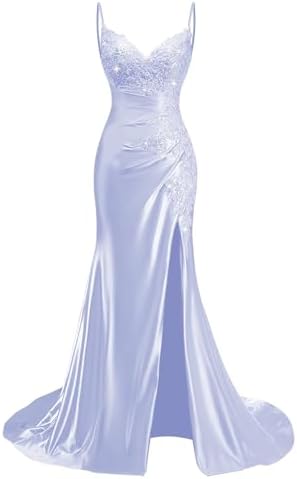 silver spaghetti straps mermaid appliqued prom dress with split Mermaid Silver Prom Dresses Spaghetti Straps Appliqued With Split Silver / US14W