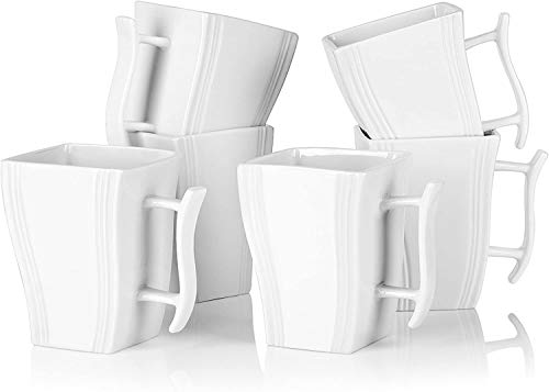 MALACASA, Serie FLORA, 330 ml (10,4 * 7,5 cm) 6 Teiliges Set Kaffeeservice Cremeweià Porzellan Eckig Kaffeetasse Tassen Becher Teetasse Kaffeebecher Bechersets für 6 Personen
