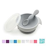 Bumkins Suction Silicone Baby Feeding Set, Bowl, Lid, Spoon, BPA-Free, First Feeding, Baby Led Weaning - Gray