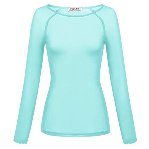 GRACE KARIN Long Sleeve Mesh Sheer Top Blouse for Party Clubwear Size S Light Blue CL046-8