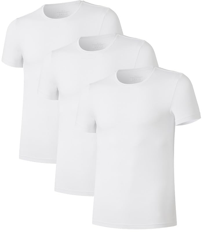 COLORFULLEAF 3/5er Pack Bambus Rundhals T-Shirt Herren Stretch Unterziehshirt Männer Einfarbig Business Arbeitstshirts(Weiß,L) 3