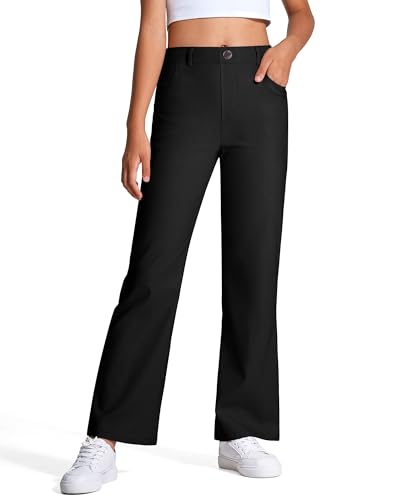 NUMYEAN Girls Uniform Pants Kids High Stretchy Flare Dress Pants Elastic Waist Size 7-14 Years