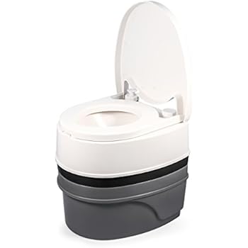 Camco Premium Portable Travel Toilet With Three Directional Flush and Swivel Dumping Elbow | Designed for Camping, RV, Boating And Other Recreational Activities - (5.3 gallon) (41545)