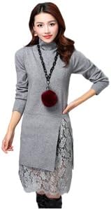 Amazon Delight Store レディース ひざ丈 ワンピース レース 秋 コーデ 可愛い 白 黒 赤 アウター アース 厚手 インナー 洋服 上着 オフィス 海外 かわいい きれいめ 17 レース編み トップス 長袖 ニット タイト ロング 女性 スカート