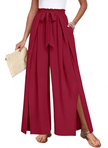 COFNEW Women's Wide Leg Slit Pants High Waist Flowy Boho Palazzo Trousers with Pockets 2026 Summer Casual Beach Travel Clothes M, Wine red at Amazon