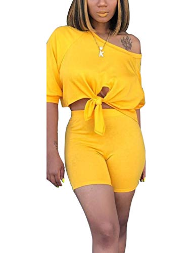 Short Sets Women 2 Piece Outfits - Sexy Long Sleeve Crop Tops + Skinny Shorts Tracksuit XX-Large Yellow - Thumbnail 3