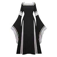 Womens Irish Medieval Dress Renaissance Costume Retro Gown Cosplay Costumes Fancy Long Dress Black-2XL