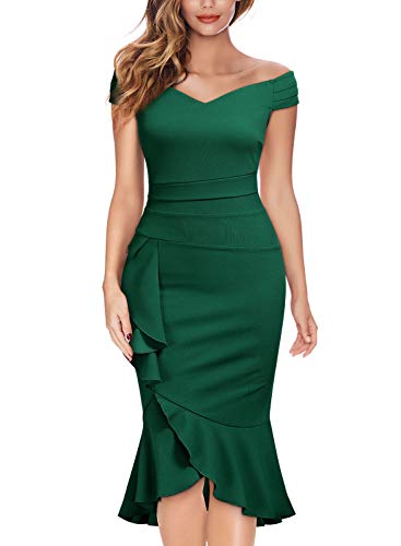 Knitee Off Shoulder V-Neck Ruffle Pleat Waist Bodycon Evening Cocktail Slit Dress,Large,Dark Green