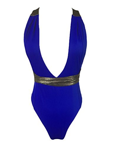 JadeRich Women's Solid Plunge High Cut Cross Back One Piece Thong Bikini Suit Sapphire Blue