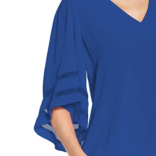 Shy Velvet Women's V Neck 3/4 Bell Sleeve Chiffon Blouse Mesh Panel Loose Top Shirts Blue - Thumbnail 4