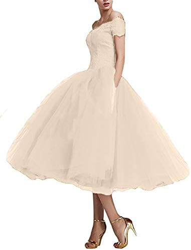 YSMei Women's Tea Length Cocktail Party Dress Off Shoulder Lace Prom Gown Yev168