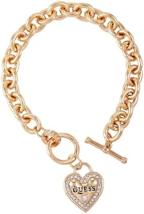 GUESS Goldtone Dangle Logo Heart Charm Chain Toggle Bracelet, one