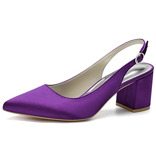 HYMYSUNY Women Slingback Wedding Pumps Chunky Block Heels Pointed Toe Satin Bridal Party Prom Office Shoes,Dark Purple,10