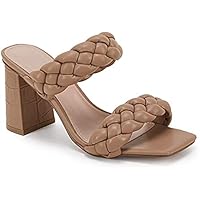 Womens Braided Heeled Sandals Backless Square Open Toe Block Strappy Slip On Slide Shoes