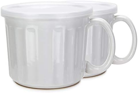 18oz White Soup Dish Mug with Lid. Large Handles and Ceramic Construction, Set of 2 by Serami