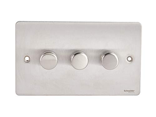 Schneider Electric Ultimate Flat Plate - 3 Gang 2 Way Dimmer Light Switch, Main and Low Voltage, 250W/VA, GU6232CSS, Stainless Steel