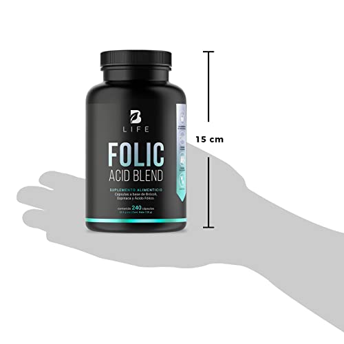 Ácido Fólico de 240 Cápsulas con Brócoli y Espinaca. Ingredientes Naturales. Folic Acid Blend B Life.