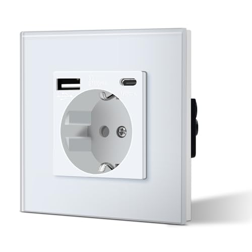 BSEED Wall Plug with USB C, Standard Schuko Plug with Crystal, 3 in 1, Child Safety, Easy to Install, M Series, 1 Plug with USB and Type C, 86 mm White