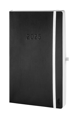 Chronoplan 50945 Buchkalender Kalendarium 2025 (Terminplaner A5 (135x210mm) mit Softcover, Tagesplaner, 1 Tag auf 1 Seite, mit flexibler Stiftschlaufe, Einmerkband, Gummiverschluss) schwarz