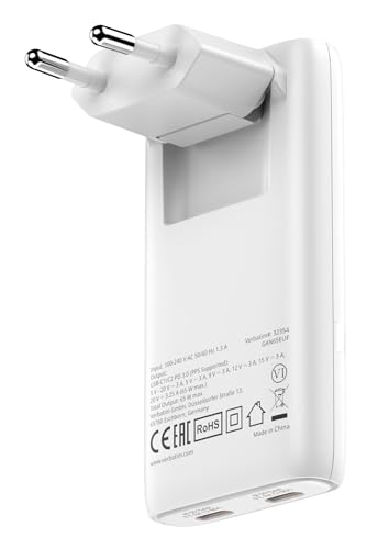 Fold 'n' Go GAN Charger 65W 2 Puertos USB-C Cargador Plegable PD3.0 Compacto Cargador rápido como Conector múltiple para Apple MacBook, portátil, iPad, iPhone 15 - iPhone 17, Samsung, Color