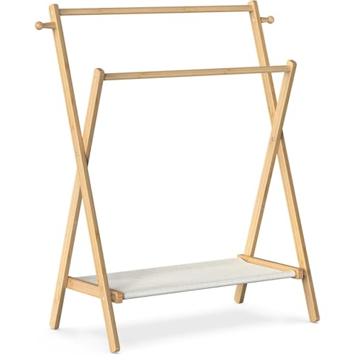 Homodoskey Kids Clothing Rack, Small Clothes Rack for Toddler Pets Dogs Cats, Kids Dress Up Rack with Storage Shelf & Double Rods, Foldable Kids Clothes Rack for Nursery Child's Room
