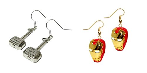 Thor Hammer With Writing and 3D Ironman Mask Dangle Earrings w/Gift Box