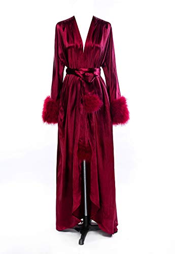 Sexy Feather Bridal Robe Long Satin Lingerie Nightgown Bathrobe Sleepwear Wedding Scarf S-3XL Burgundy L/XL