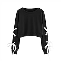 Cropped Hoodies, Libermall Womens Girls Lace Up Long Sleeve Hoodies Solid Hooded Sweatshirt Jumper Pullover Crop Tops Black