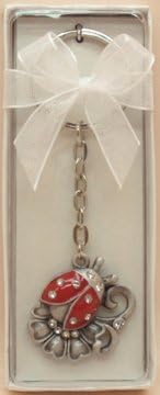 Lady Bug Pewter Key Chain, Adorably Designed Lady Bug Pewter Key Chain Adorned with Czech Rhinestones and Hand Painted with Red Epoxy; Packaged in a Nice Cream/gray Colored Gift Box with Organza Ribbon