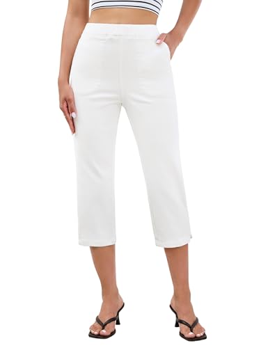 luvamia Women's Jeans Womens Capri Pants Plus Size Jean Capris for Women White Stretch Jeans for Women High Waist Stretch Womens Elastic Waist Capris Cream White Size XX-Large Fits US 20-22 at Amazon
