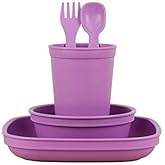 Re-Play Kids Dinnerware Set - 10 oz. Open Cup, 7" Flat Plate, 12 Oz. Bowl, Rounded Tip Fork and Deep Scoop Spoon - Dishwasher/Microwave Safe - Made in USA - Purple