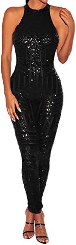 Sunyastor Women Sparkly Sequins Lace up Backless O-Neck Sleeveless Bodycon Long Jumpsuit Off Shoulder Romper Clubwear S-XL