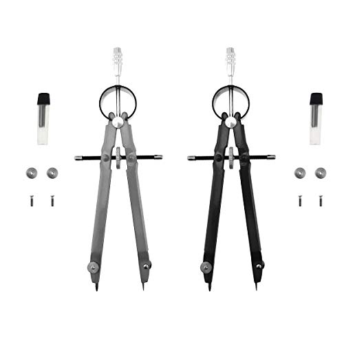 2 Pcs Math Compass, Geometry Metal Drafting with Spare Leads and Screws for Office Supply (2 Pcs, Black + Sliver)