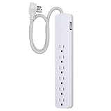 GE UltraPro 6 Outlet Surge Protector, 2 Ft Designer Braided Extension Cord, Flat Plug, Wall Mount, White, 45264