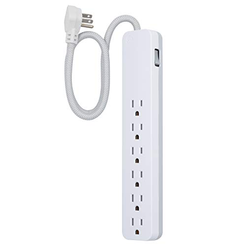 GE UltraPro 6 Outlet Surge Protector, 2 Ft Designer Braided Extension Cord, Flat Plug, Wall Mount, White, 45264