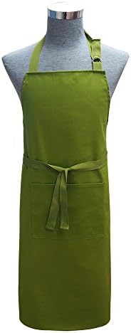 100%Cotton Solid Adjustable Kitchen Chef Aprons with Pocket and Extra Long Ties, 27x34inches, Commercial Men&amp;Women Bib Aprons for Cooking, Baking, Crafting, Gardening, BBQ.Machine Washable, Green