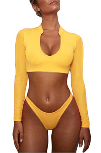 BOOSOULY Womens Sexy Mesh Long Sleeve High Waist 2 Piece Bikini Swimsuit Yellow L