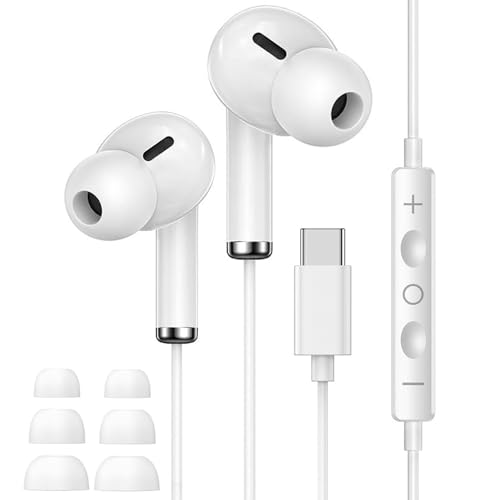 USB C Headphones for iPhone 17/16/15,Type C Earbuds Wired Earphones with Microphone & Remote Control Noise Cancelling for iPhone 17/16/15/Pro/Pro Max, Galaxy S23/22/21/20/Ultra Note/Pixel, White