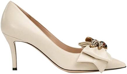 JRenok Women High Heels Thin Heel Pointed Toe Bowtie Bee Matal Decoration Shallow Dress Stiletto