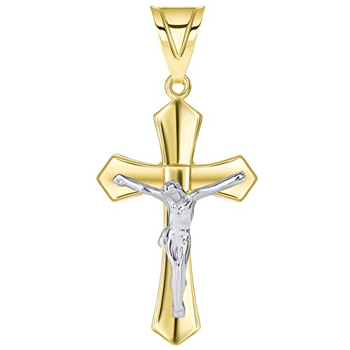 14k Two Tone Solid Gold Passion Christian Cross Crucifix Pendant with Cuban Necklace, 24"