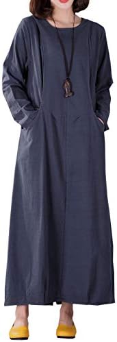 YUHEYUHE Women's Casual Loose Spring Fall Clothing Long Sleeve Cotton Linen Maxi Dresses Two Pockets